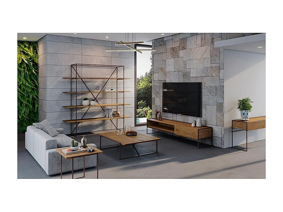 Table basse 113 cm en bois de pin et métal marron - LINEA