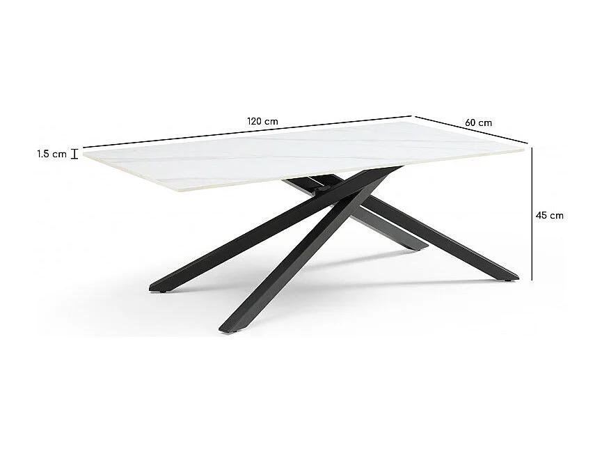 Table basse 120x60 cm céramique blanc marbré pied torsadé - NEVADA 05