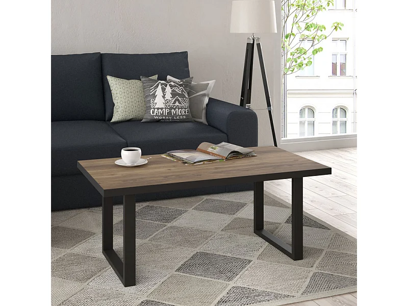 Table basse 110 cm décor bois clair et pied luge métal noir - CELIA