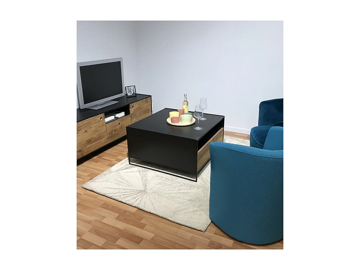 Table basse carrée 80 cm tiroir métal bois pin recyclé - CABANON