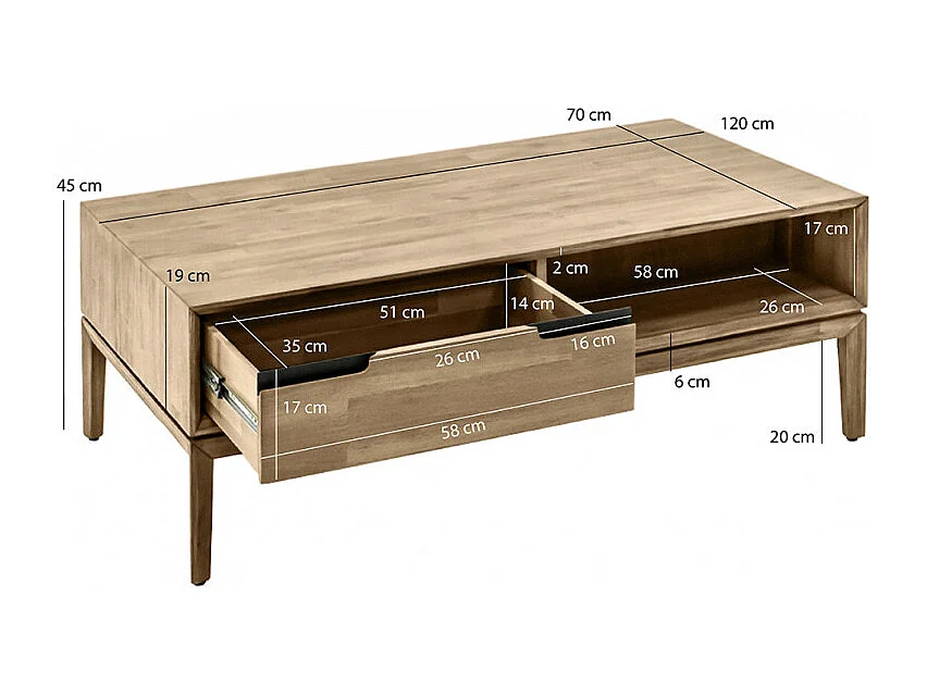 Table basse en bois design 2 tiroirs 2 niches L.120 cm - KASSIA