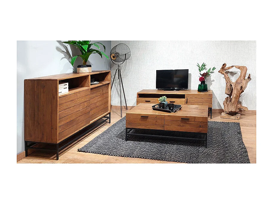 Table basse en bois rustique et métal noir 4 tiroirs - FACTORY