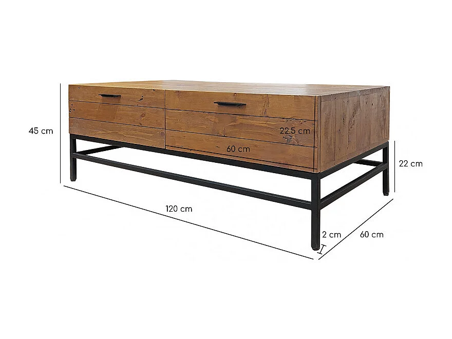 Table basse en bois rustique et métal noir 4 tiroirs - FACTORY