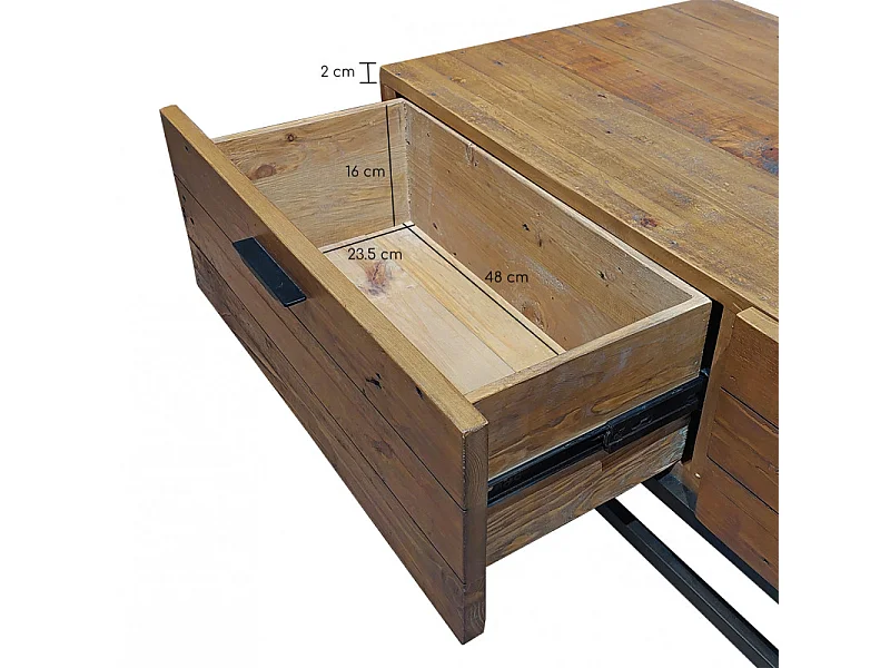 Table basse en bois rustique et métal noir 4 tiroirs - FACTORY