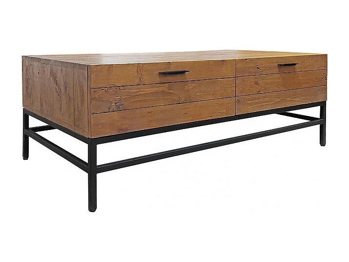 Table basse en bois rustique et métal noir 4 tiroirs - FACTORY