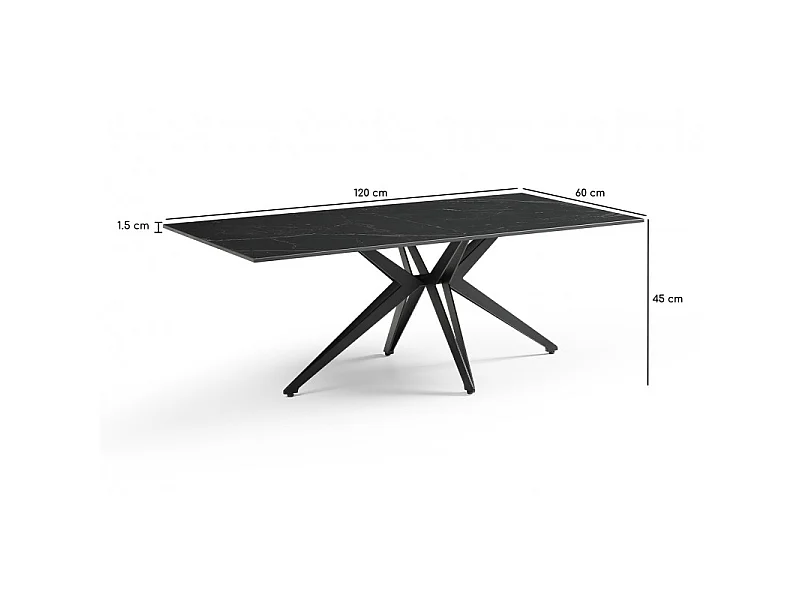 Table basse 120x60 cm céramique noir marbré pied étoile - INDIANA 06