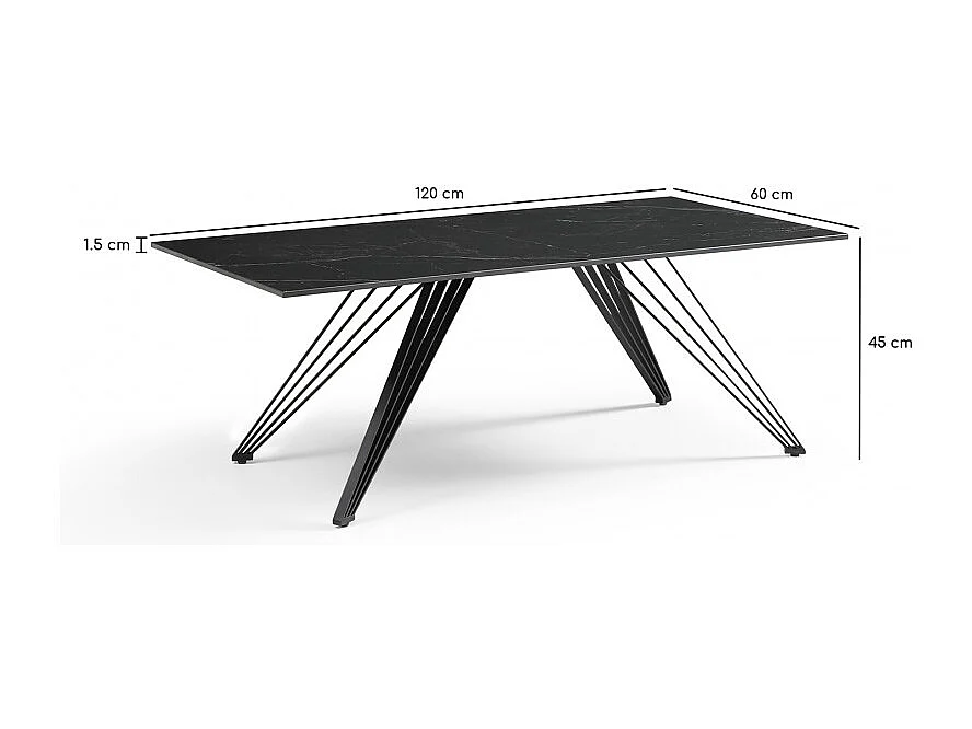 Table basse 120x60 cm céramique noir marbré pieds filaires - INDIANA 01