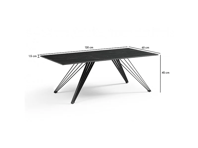 Table basse 120x60 cm céramique noir marbré pieds filaires - INDIANA 01