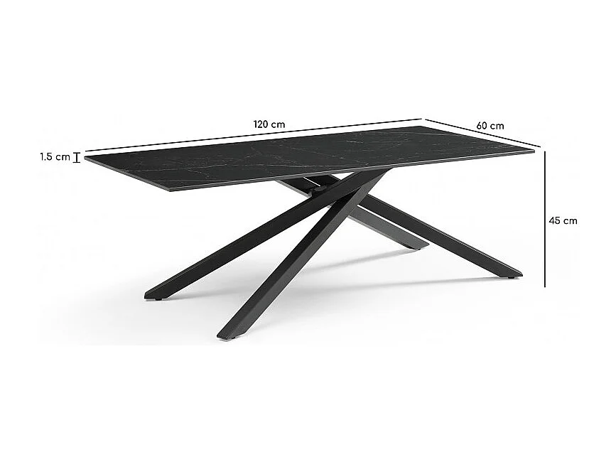 Table basse 120x60 cm céramique noir marbré pied torsadé - INDIANA 05