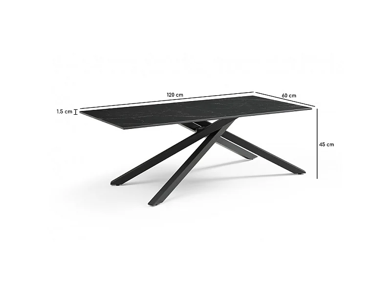Table basse 120x60 cm céramique noir marbré pied torsadé - INDIANA 05