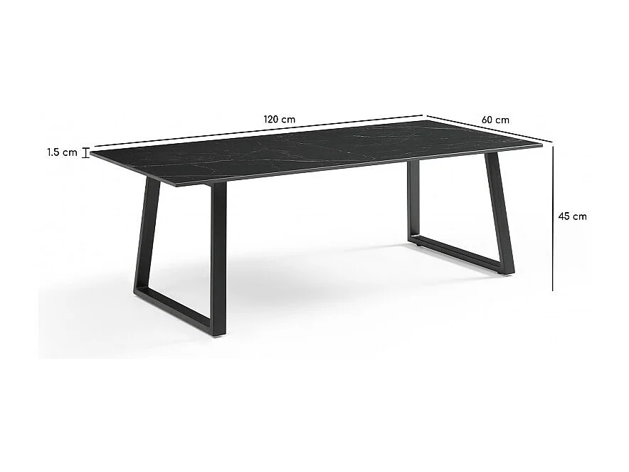 Table basse 120x60 cm céramique noir marbré pieds luge - INDIANA 02