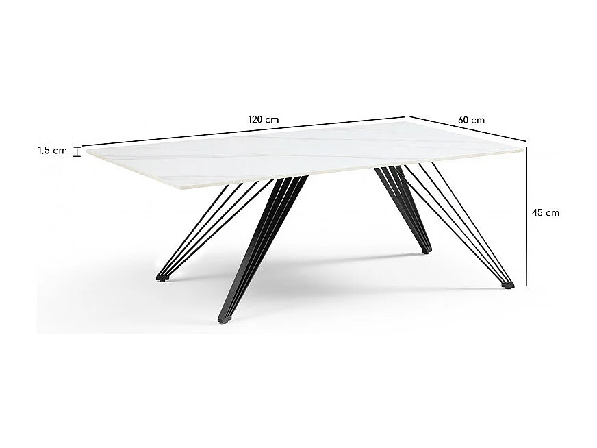 Table basse 120x60 cm céramique blanc marbré pieds filaires - NEVADA 01