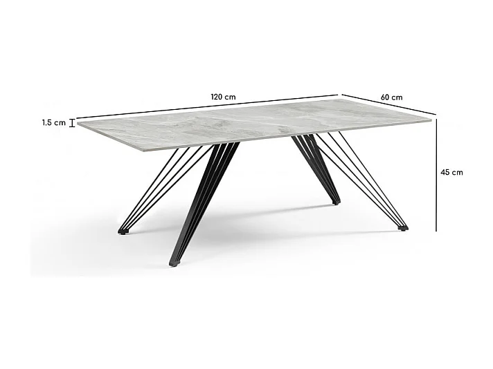 Table basse 120x60 cm céramique gris marbré laqué pieds filaires - DAKOTA 01