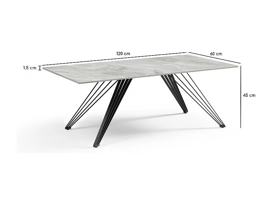 Table basse 120x60 cm céramique gris marbré laqué pieds filaires - DAKOTA 01