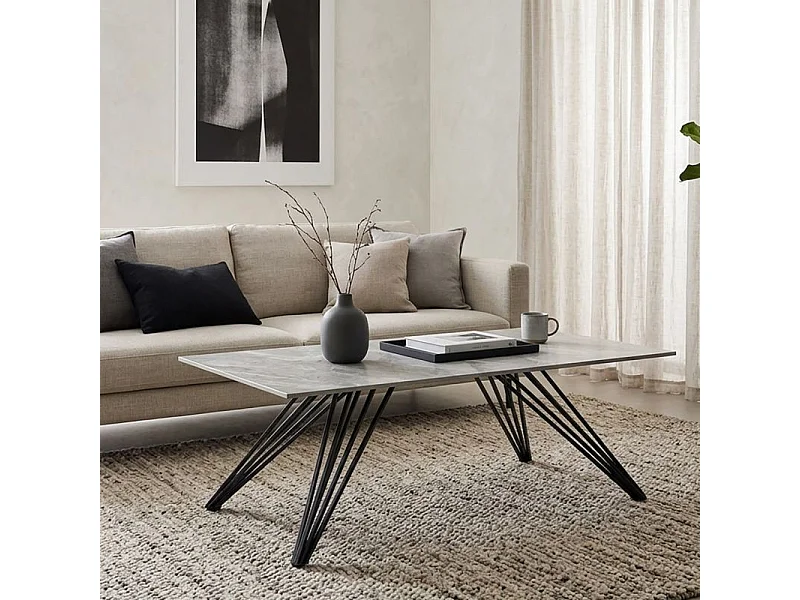 Table basse 120x60 cm céramique gris marbré laqué pieds filaires - DAKOTA 01