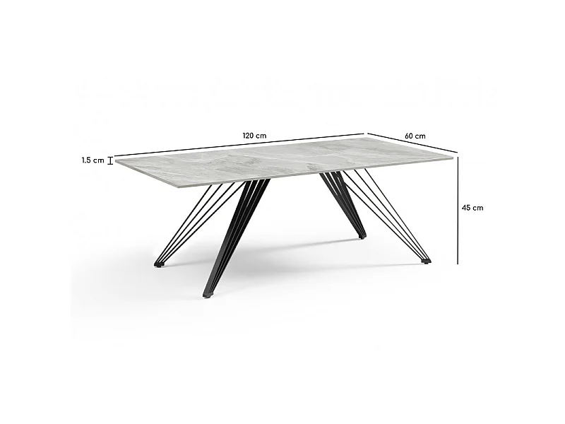 Table basse 120x60 cm céramique gris marbré laqué pieds filaires - DAKOTA 01