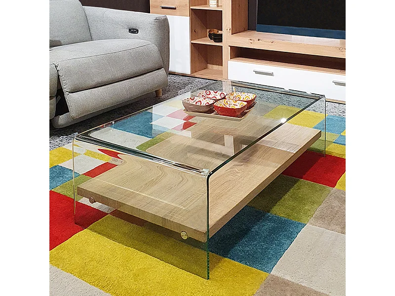 Table basse 110 cm en verre trempé avec étagère décor chêne - ICE