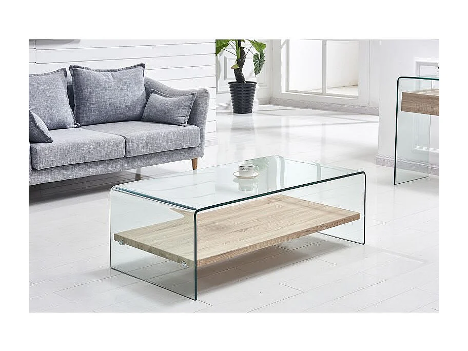 Table basse 110 cm en verre trempé avec étagère décor chêne - ICE