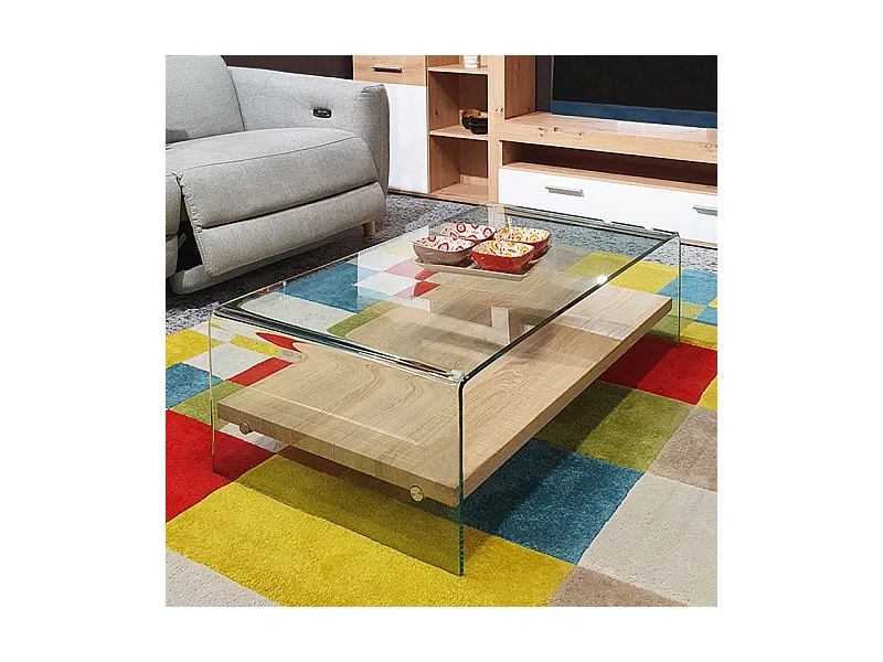 Table basse 110 cm en verre trempé avec étagère décor chêne - ICE