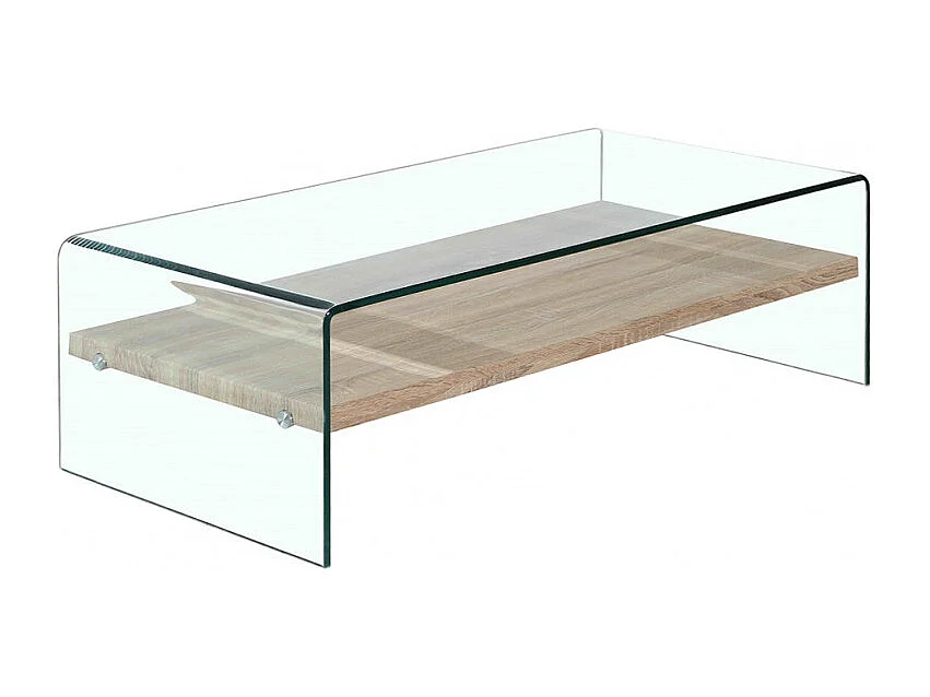 Table basse 110 cm en verre trempé avec étagère décor chêne - ICE