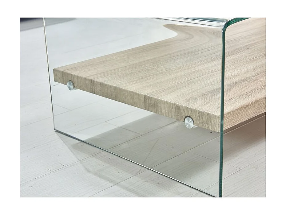 Table basse 110 cm en verre trempé avec étagère décor chêne - ICE