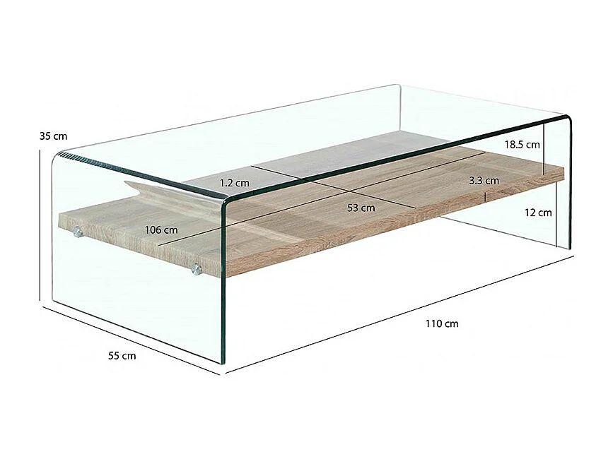 Table basse 110 cm en verre trempé avec étagère décor chêne - ICE