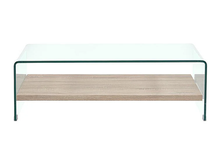 Table basse 110 cm en verre trempé avec étagère décor chêne - ICE