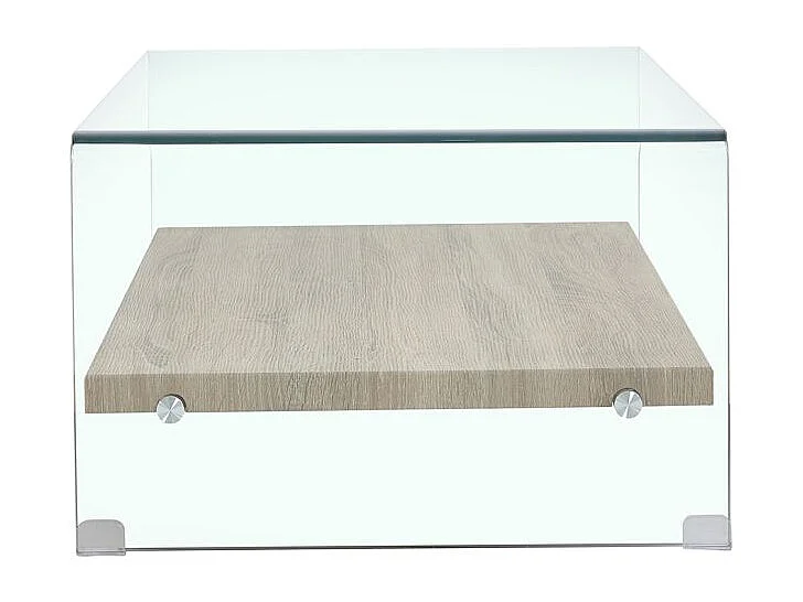 Table basse 110 cm en verre trempé avec étagère décor chêne - ICE