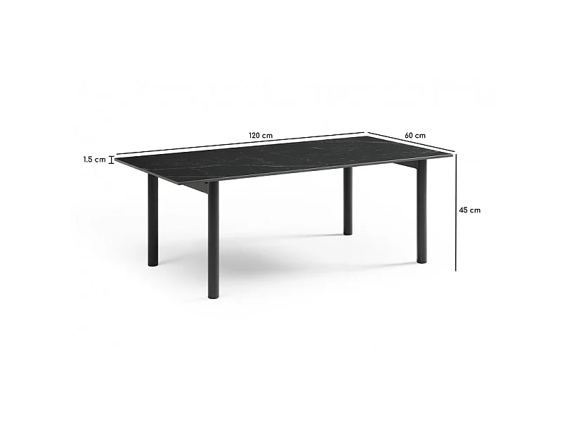 Table basse 120x60 cm céramique noir marbré pieds droits - INDIANA 09
