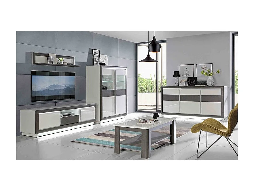 Table basse rectangulaire 110 cm blanc laqué et décor gris - CALVI