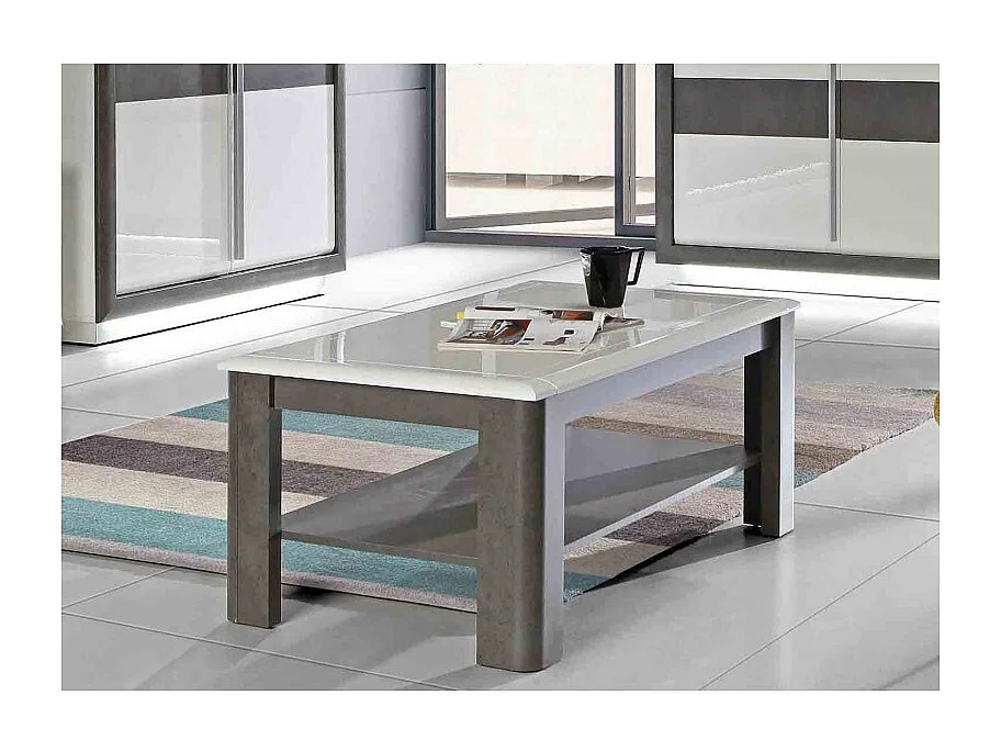 Table basse rectangulaire 110 cm blanc laqué et décor gris - CALVI