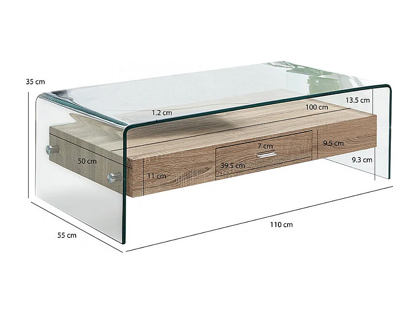 Table basse 110 cm en verre trempé avec tiroir décor chêne - ICE