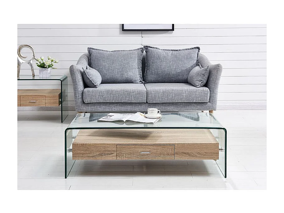 Table basse 110 cm en verre trempé avec tiroir décor chêne - ICE