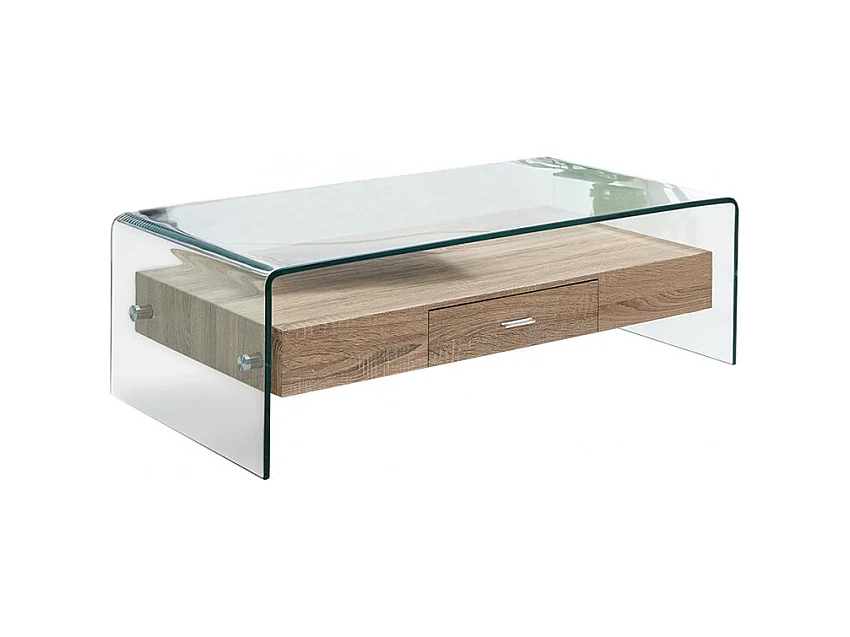 Table basse 110 cm en verre trempé avec tiroir décor chêne - ICE
