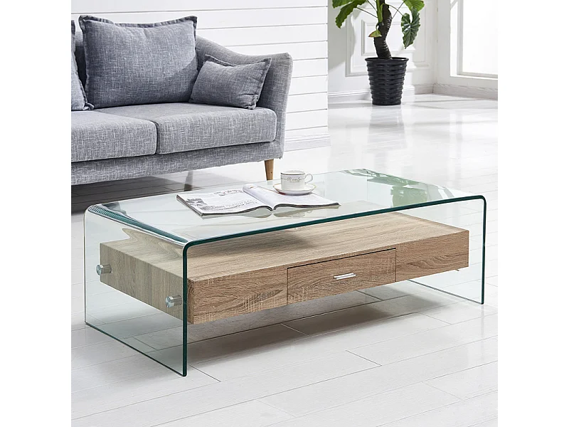 Table basse 110 cm en verre trempé avec tiroir décor chêne - ICE