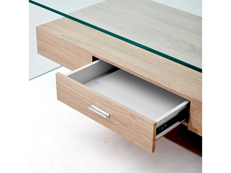 Table basse 110 cm en verre trempé avec tiroir décor chêne - ICE
