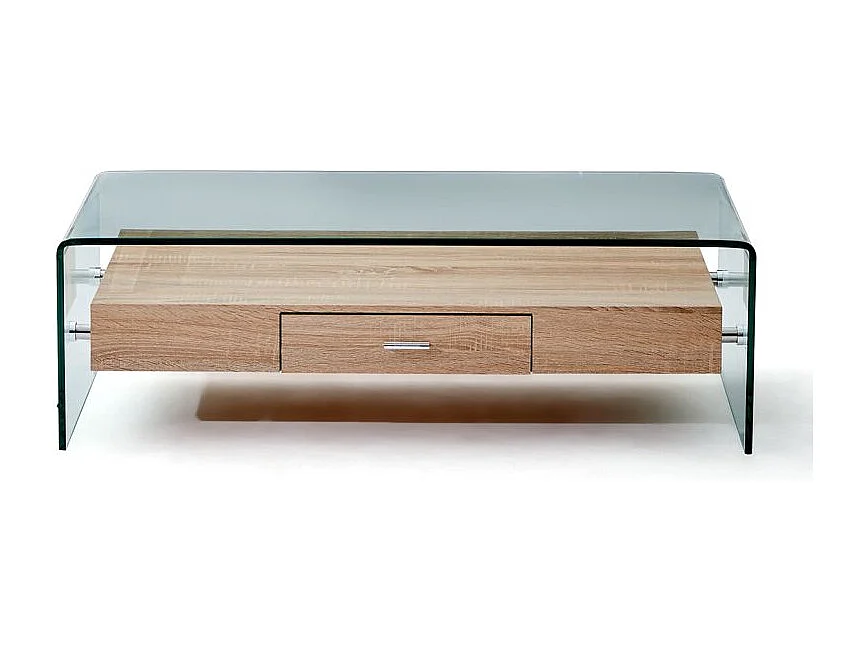 Table basse 110 cm en verre trempé avec tiroir décor chêne - ICE