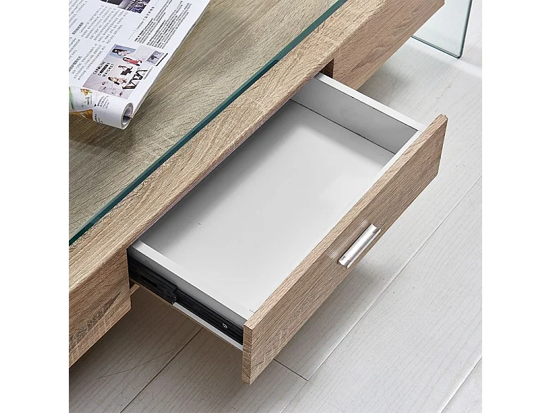 Table basse 110 cm en verre trempé avec tiroir décor chêne - ICE