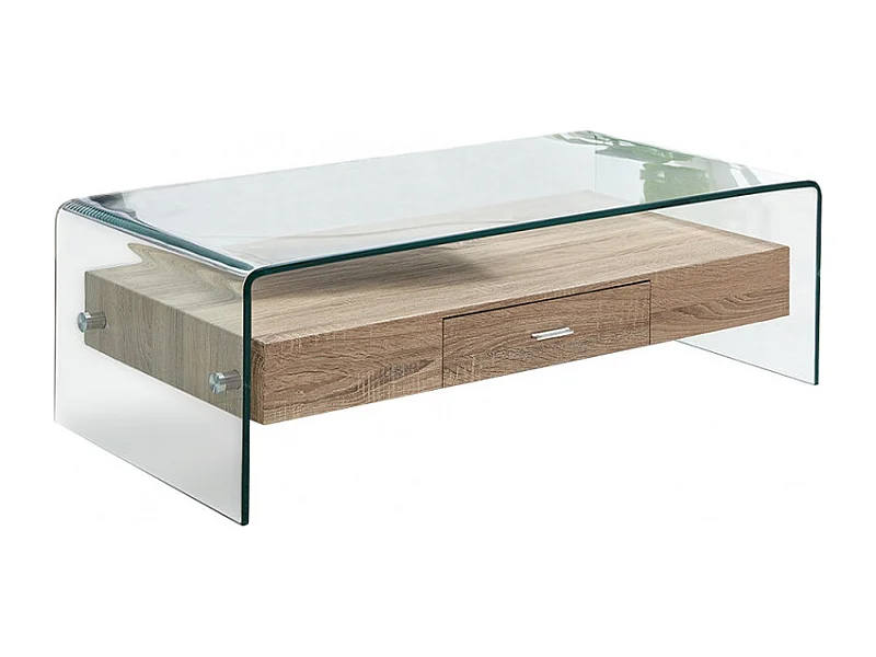 Table basse 110 cm en verre trempé avec tiroir décor chêne - ICE