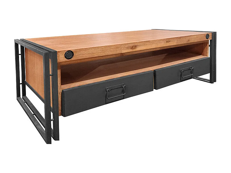 Table basse 120 cm 2 tiroirs 1 niche bois acacia et métal - WORKSHOP
