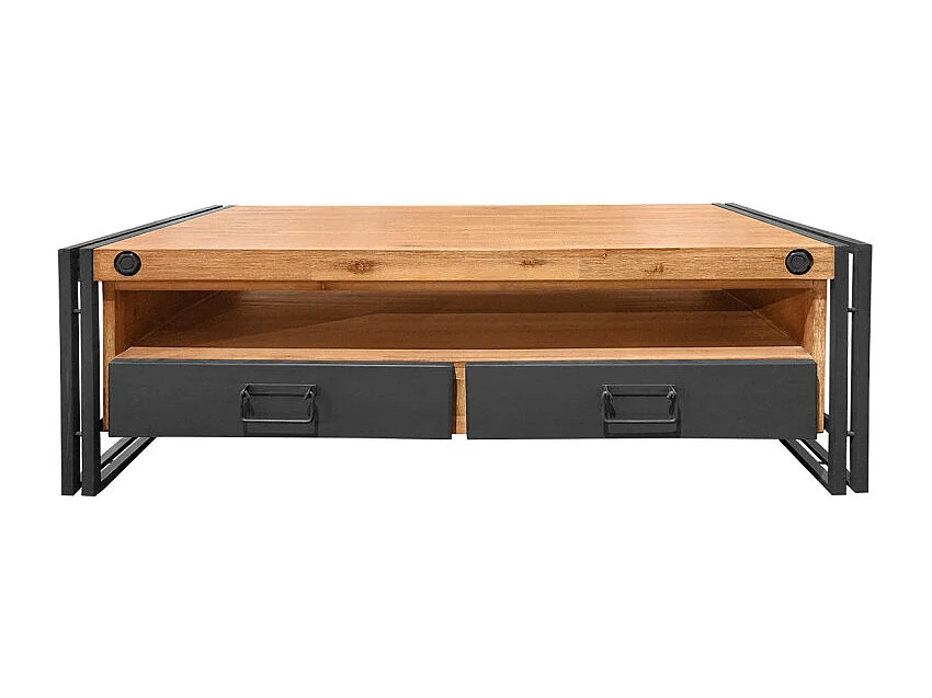 Table basse 120 cm 2 tiroirs 1 niche bois acacia et métal - WORKSHOP