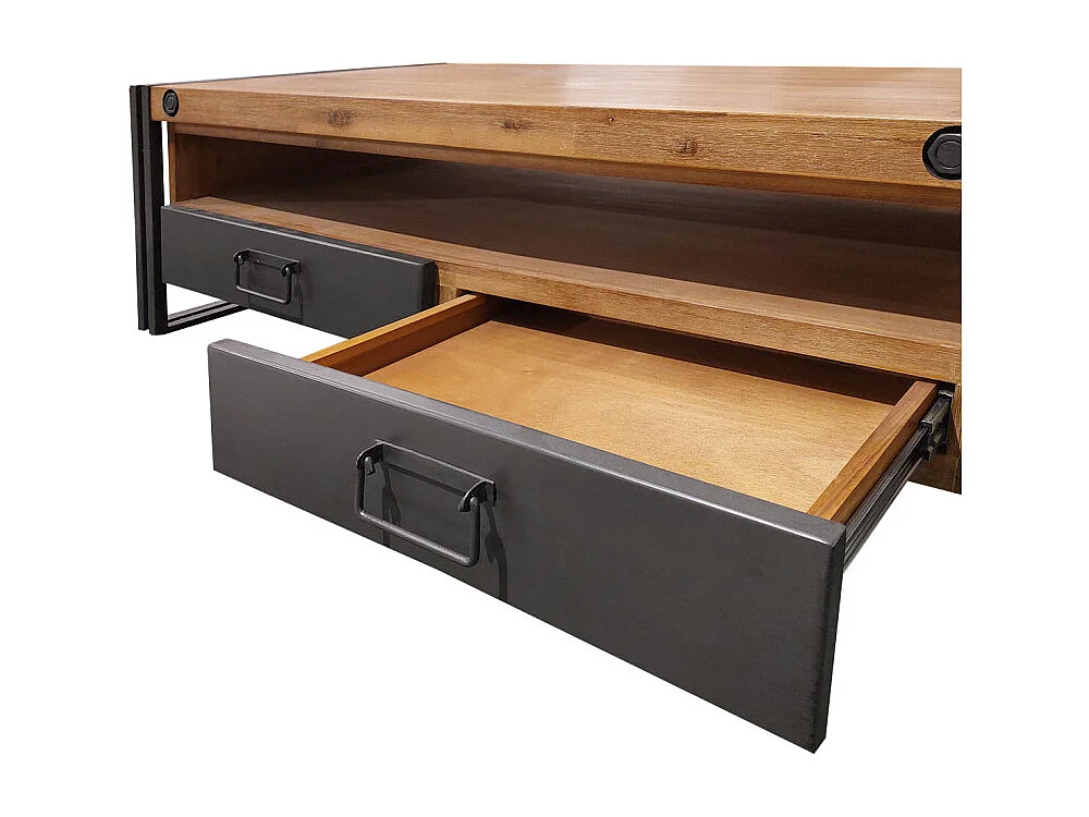 Table basse 120 cm 2 tiroirs 1 niche bois acacia et métal - WORKSHOP