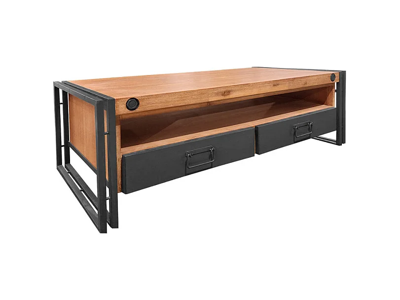 Table basse 120 cm 2 tiroirs 1 niche bois acacia et métal - WORKSHOP