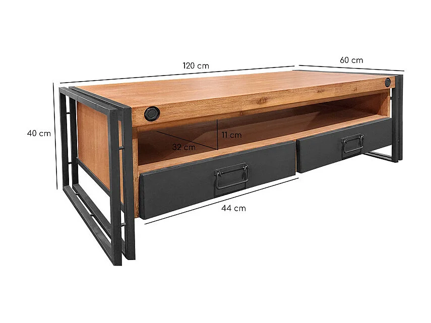 Table basse 120 cm 2 tiroirs 1 niche bois acacia et métal - WORKSHOP