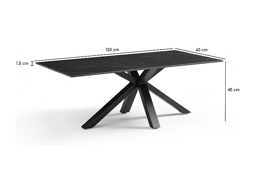 Table basse 120x60 cm céramique noir marbré pied croix - INDIANA 04