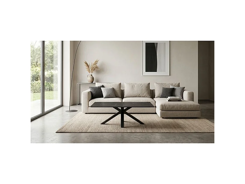 Table basse 120x60 cm céramique noir marbré pied croix - INDIANA 04