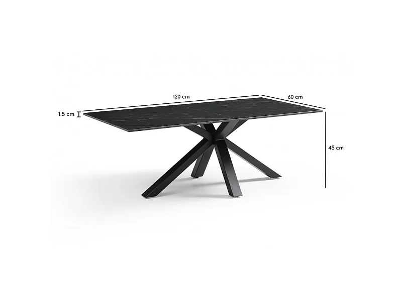 Table basse 120x60 cm céramique noir marbré pied croix - INDIANA 04