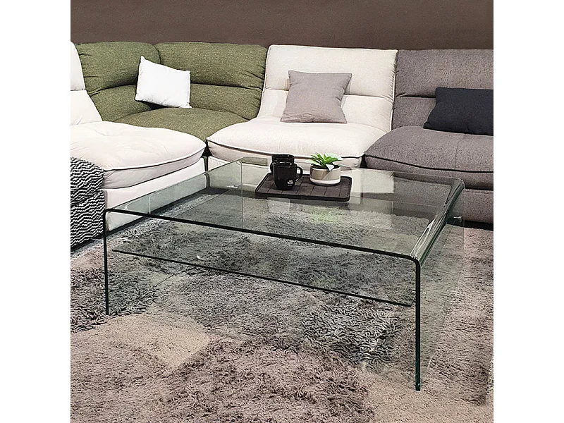 Table basse carrée 100 cm en verre trempé avec étagère vitrée - ICE