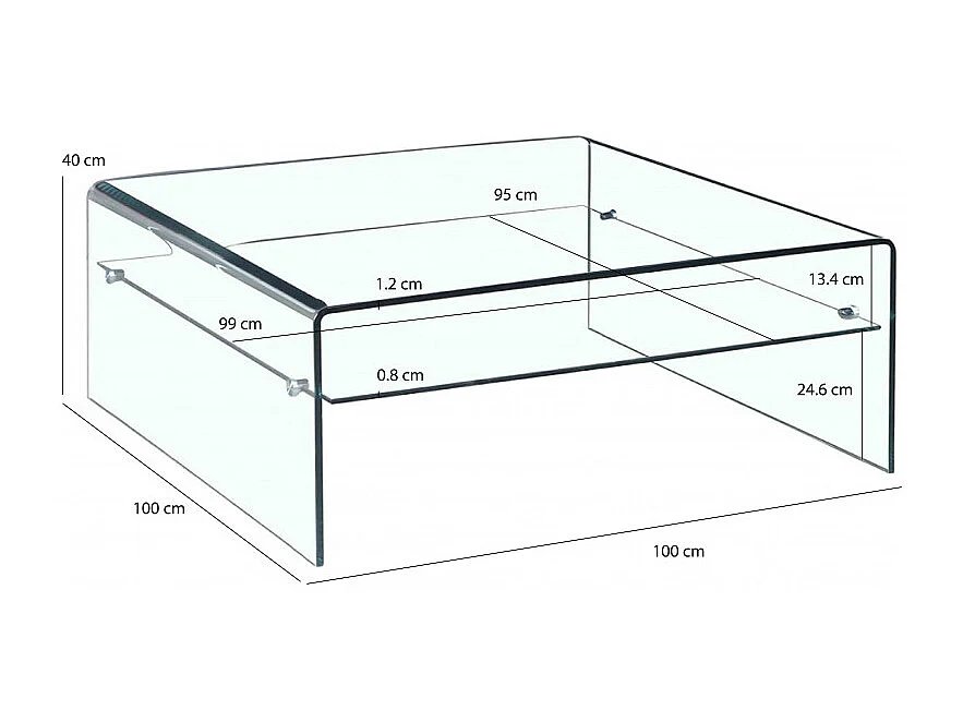 Table basse carrée 100 cm en verre trempé avec étagère vitrée - ICE