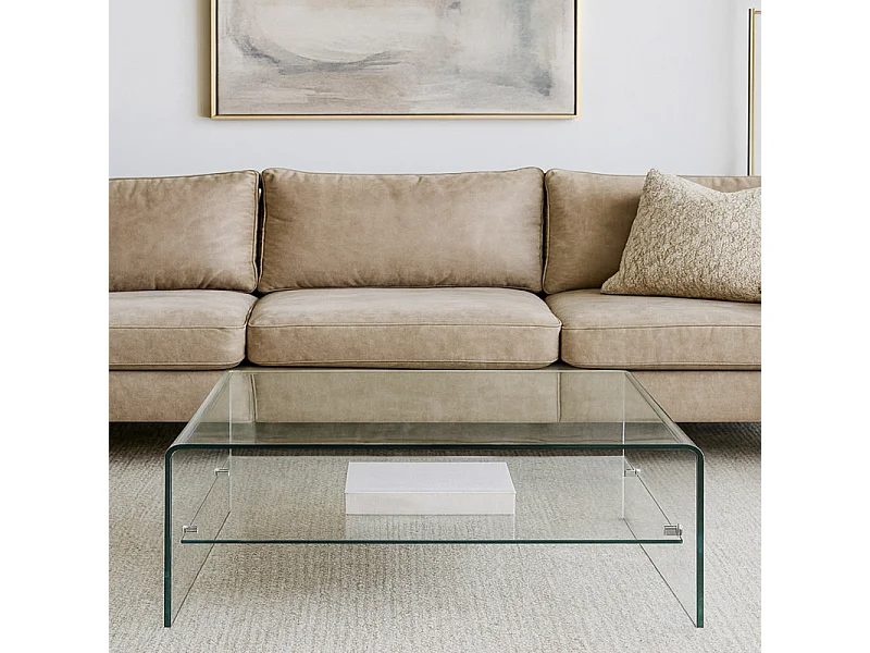 Table basse carrée 100 cm en verre trempé avec étagère vitrée - ICE